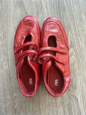 Zara Red Double-Strap Leather Mary Jane Flats